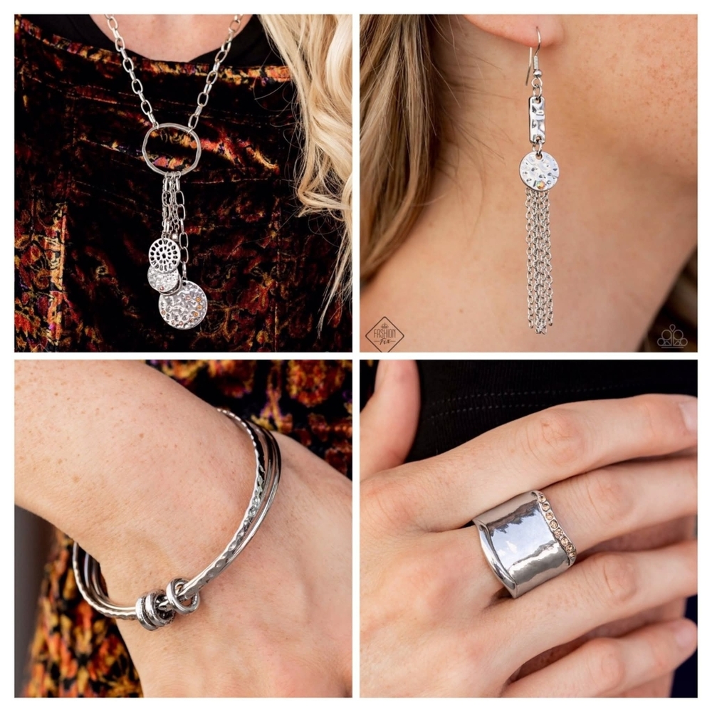 Paparazzi Jewelry Four Piece Set Silver Necklace Earrings Bracelet Ring